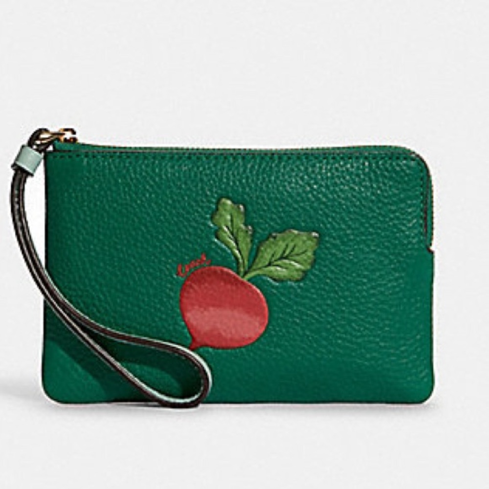 NWT Coach Corner Zip Wristlet With Radish Print